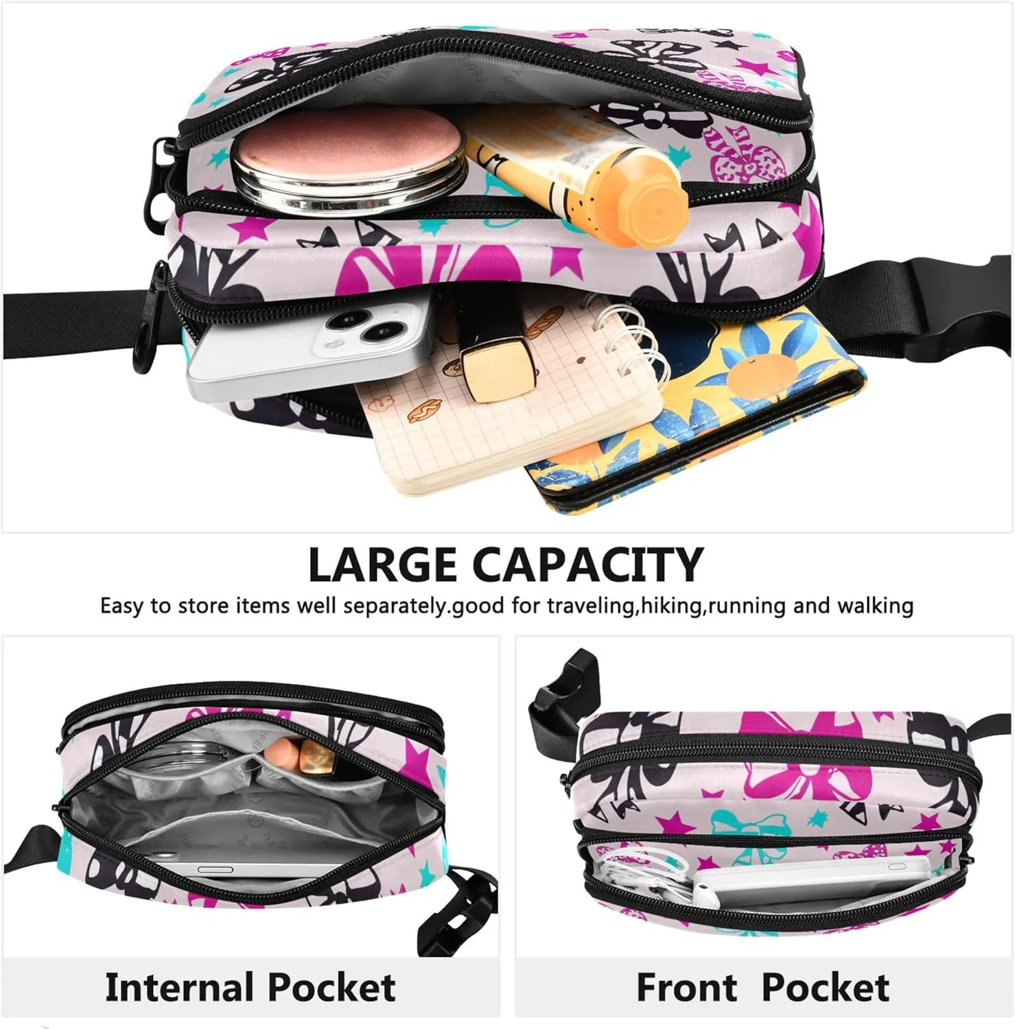 Colorful Bows Stars Women Fanny Packs Waterproof Hip Bag Belt Pouch Cute Cross Body Waist Purse
