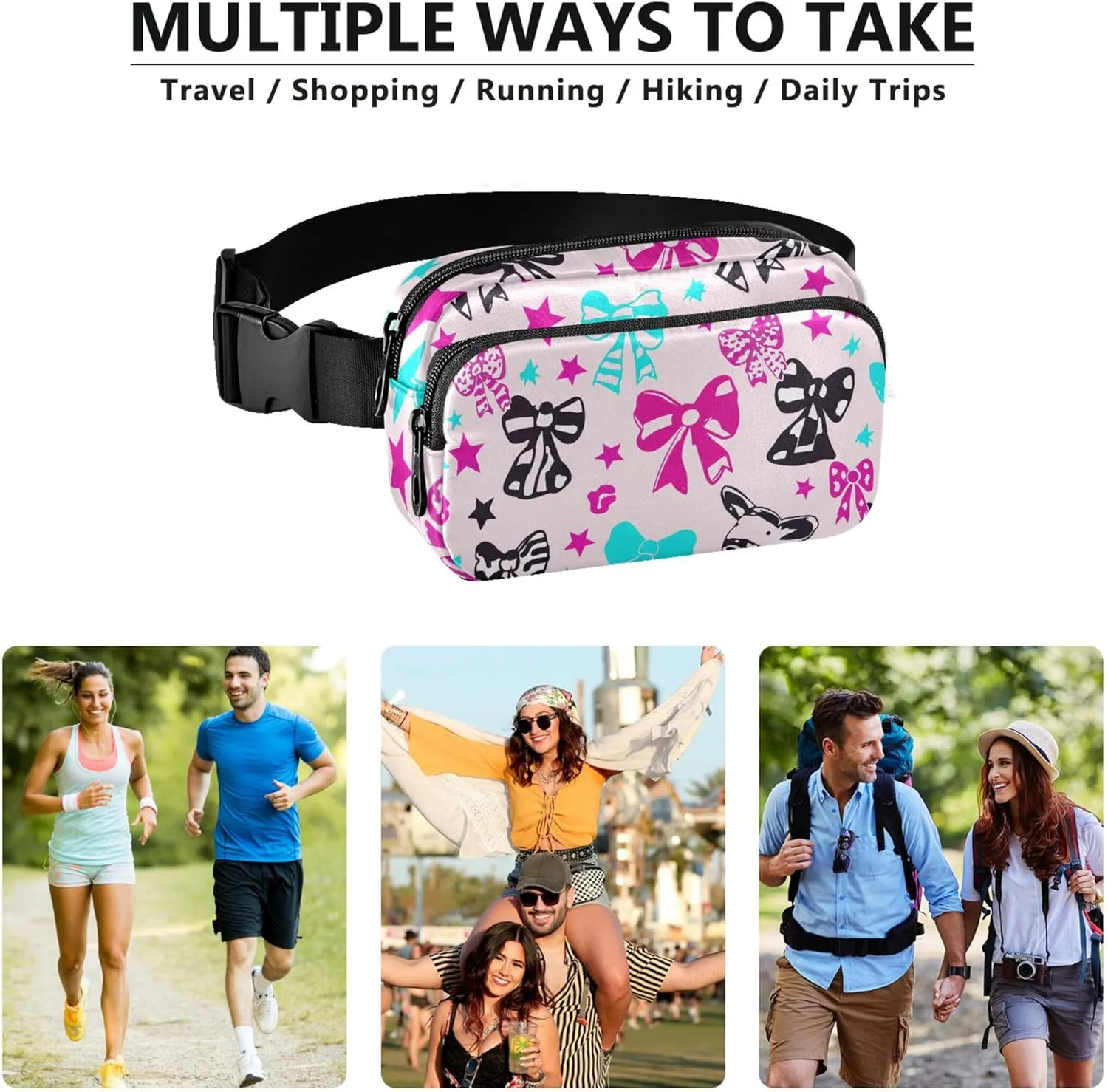 Colorful Bows Stars Women Fanny Packs Waterproof Hip Bag Belt Pouch Cute Cross Body Waist Purse