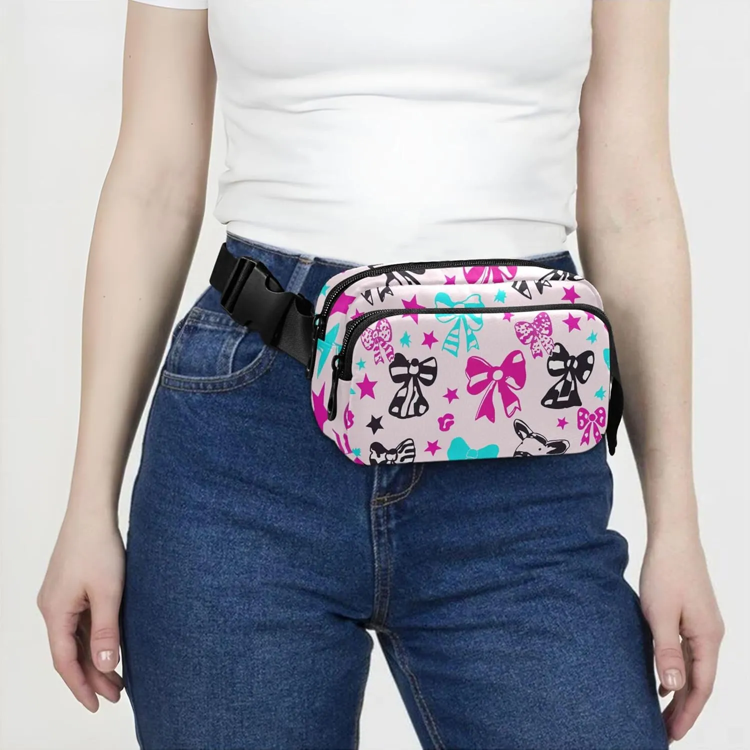 Colorful Bows Stars Women Fanny Packs Waterproof Hip Bag Belt Pouch Cute Cross Body Waist Purse