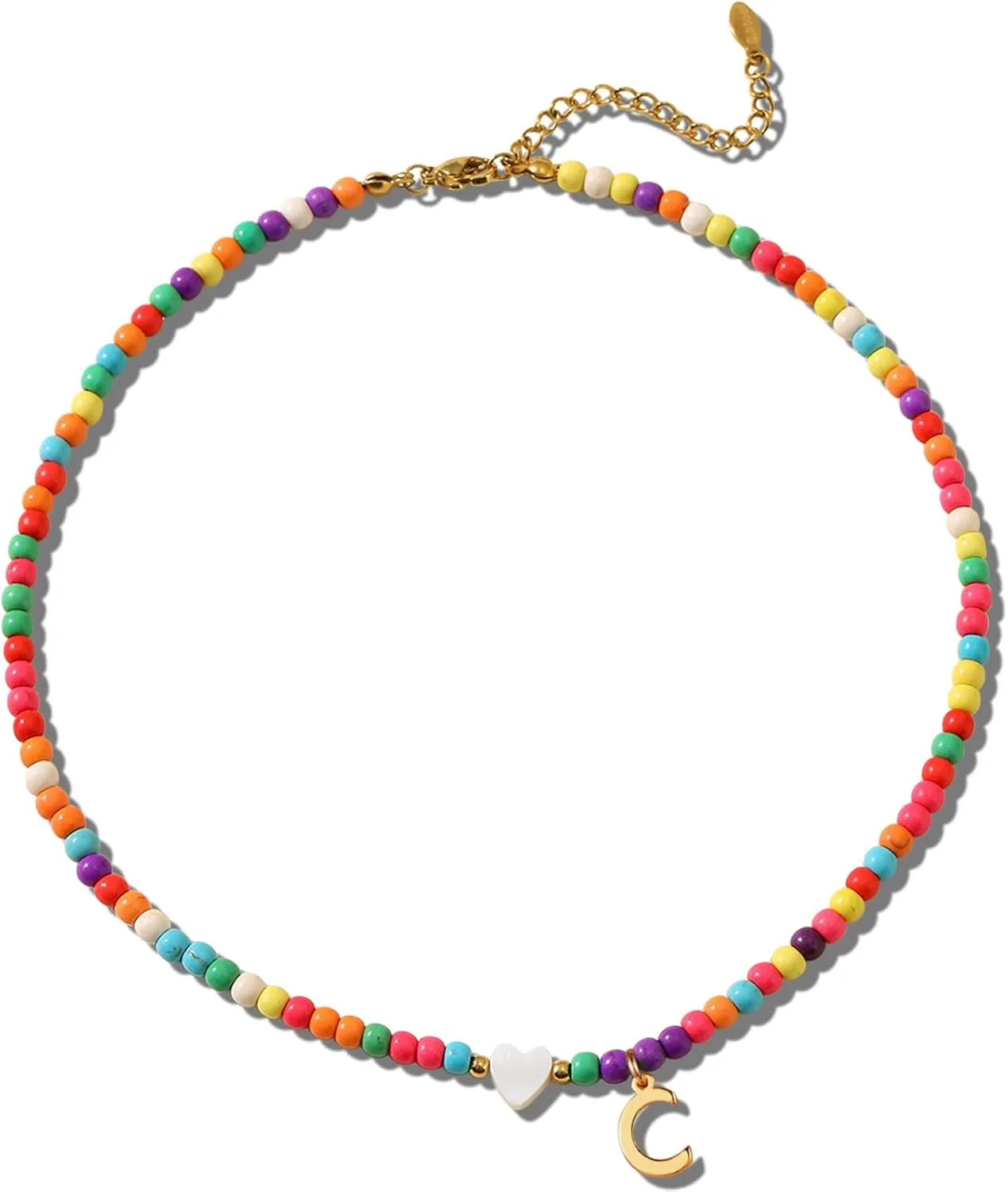 Colorful Handmade Beaded Initial Necklaces for Women Trendy Beaded Choker Necklace Gold Plated Pendant with Heart Shaped Shells Metal Jewelry for Women Gift (color-C)