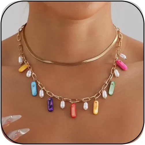 Colorful Necklace for Women Multicolor Pearl Choker Necklace Summer Puka Shell Charm Necklace Dainty Boho Gold Paperclip Beach Necklace Jewelry Outfit Accessories