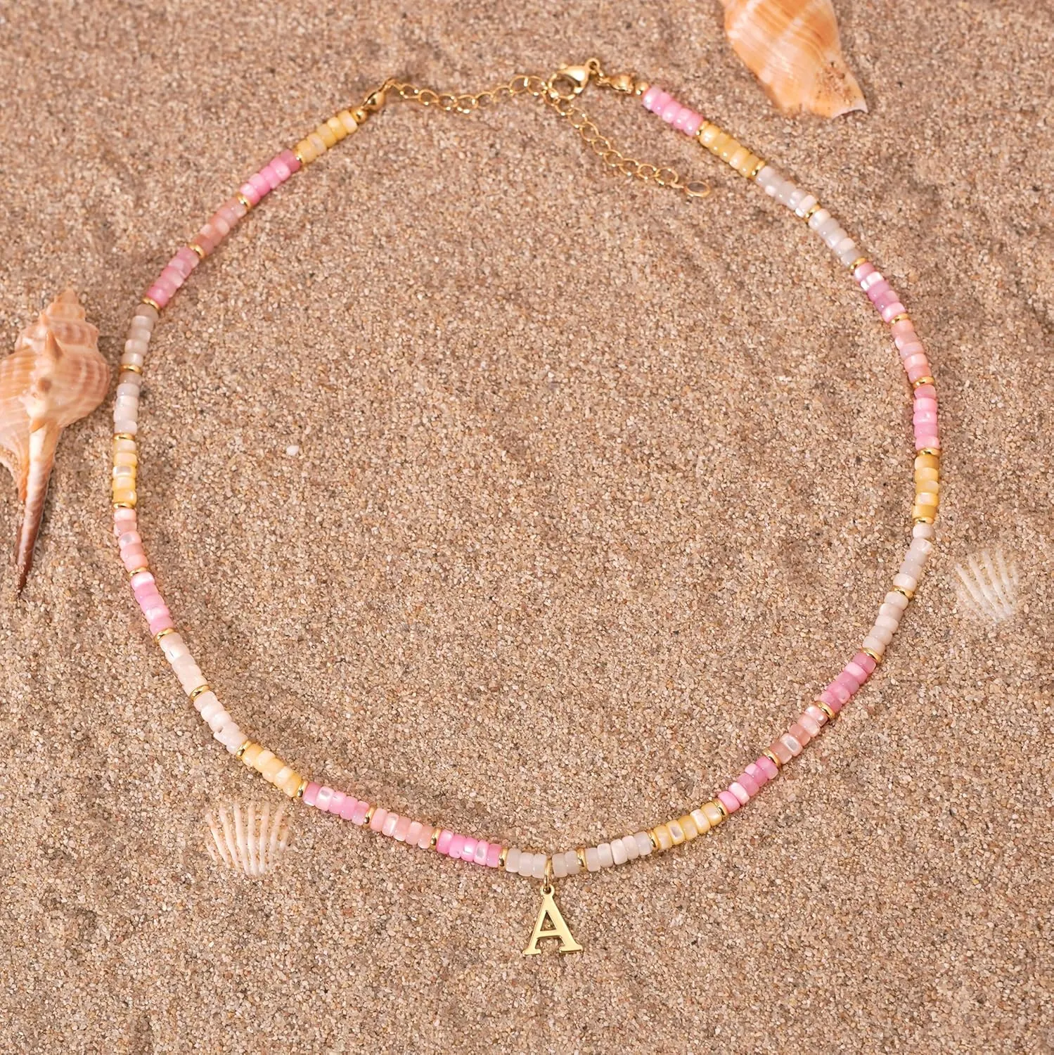 Colorful Shell Initial Necklaces for Women Dainty Natural Shell Necklaces Cute Choker Necklace Puka Shell Beaded Necklace Handmade Jewelry Gifts for Her