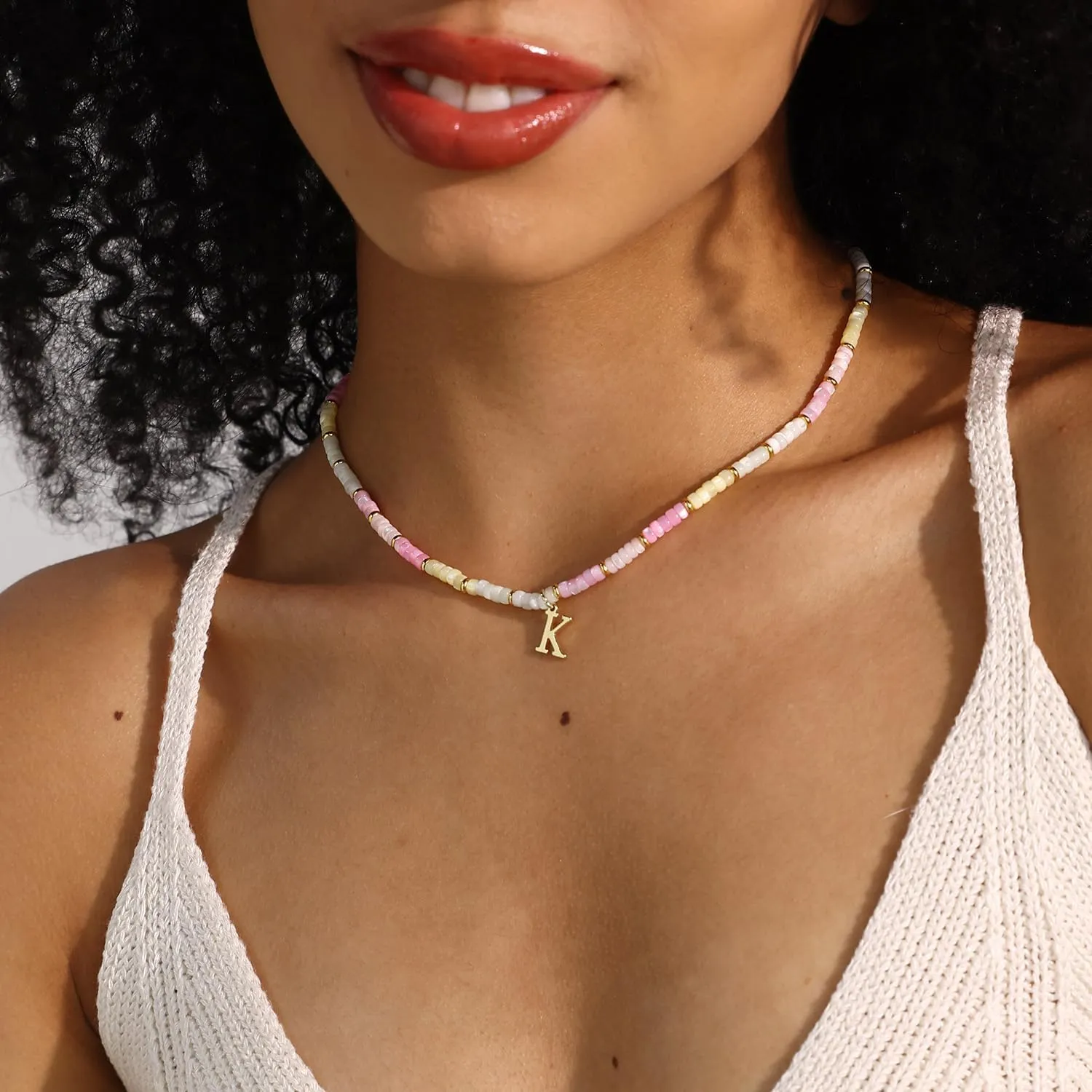 Colorful Shell Initial Necklaces for Women Dainty Natural Shell Necklaces Cute Choker Necklace Puka Shell Beaded Necklace Handmade Jewelry Gifts for Her