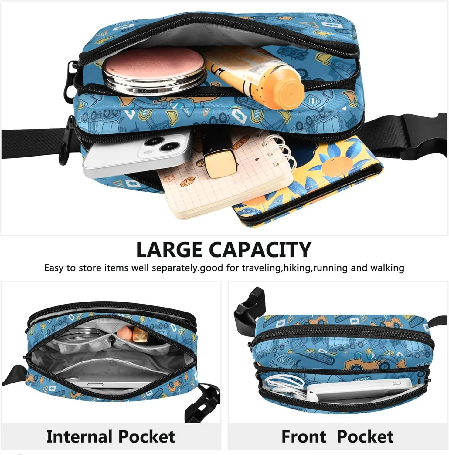 Construction Vehicles Cartoon Blue Fanny Pack for Women Pattern Hip Pack Belt Bag Waterproof Waist Pack for Women