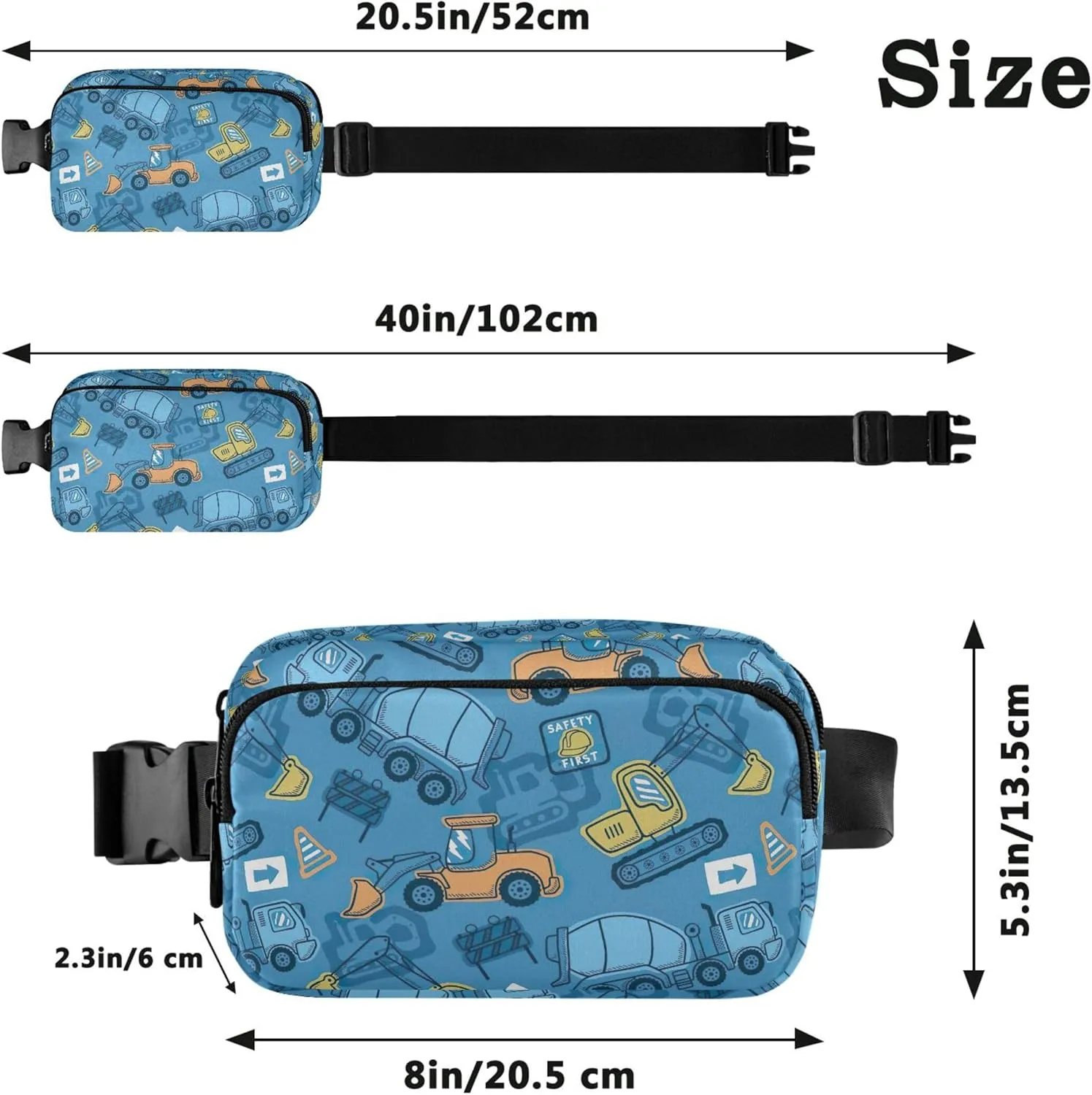 Construction Vehicles Cartoon Blue Fanny Pack for Women Pattern Hip Pack Belt Bag Waterproof Waist Pack for Women