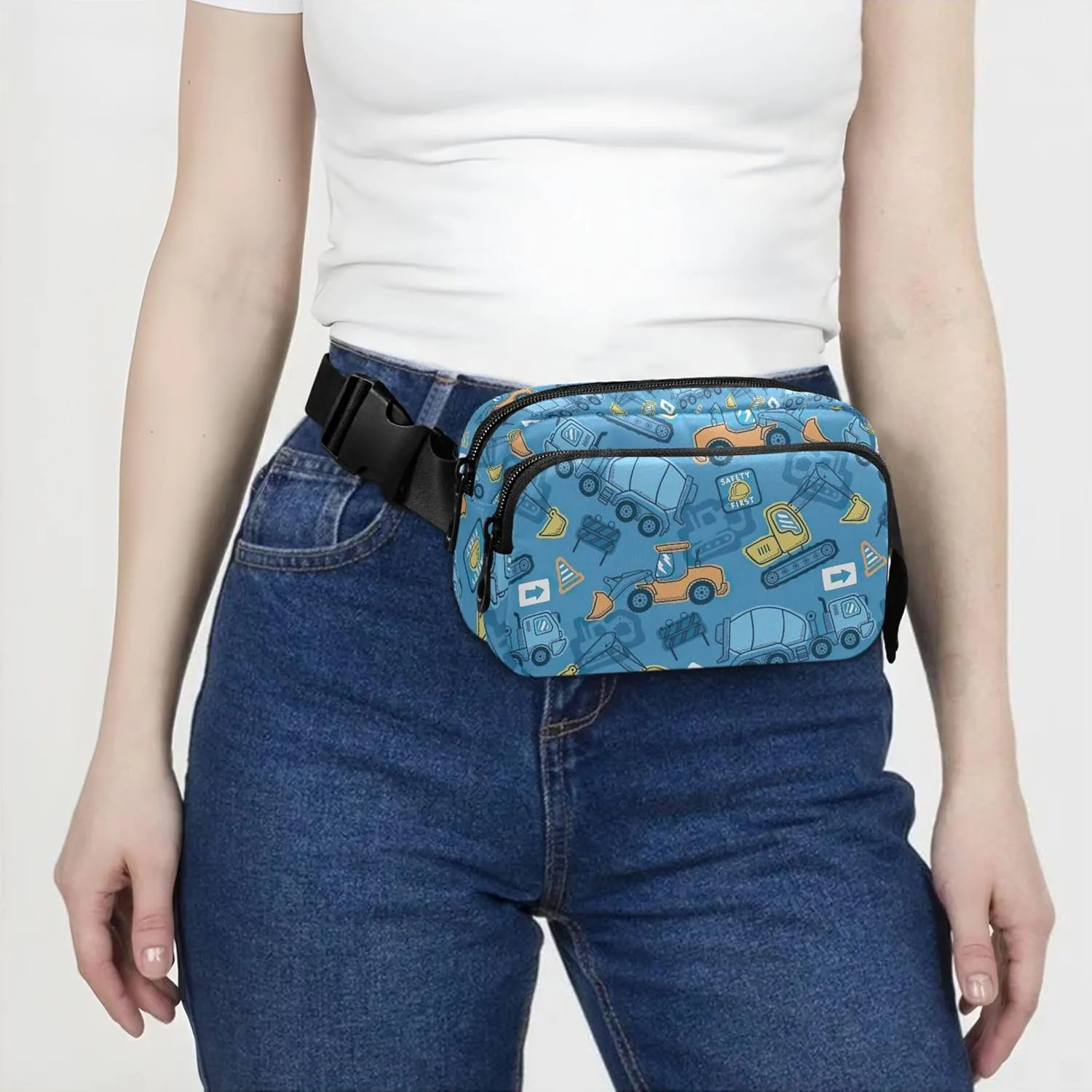 Construction Vehicles Cartoon Blue Fanny Pack for Women Pattern Hip Pack Belt Bag Waterproof Waist Pack for Women