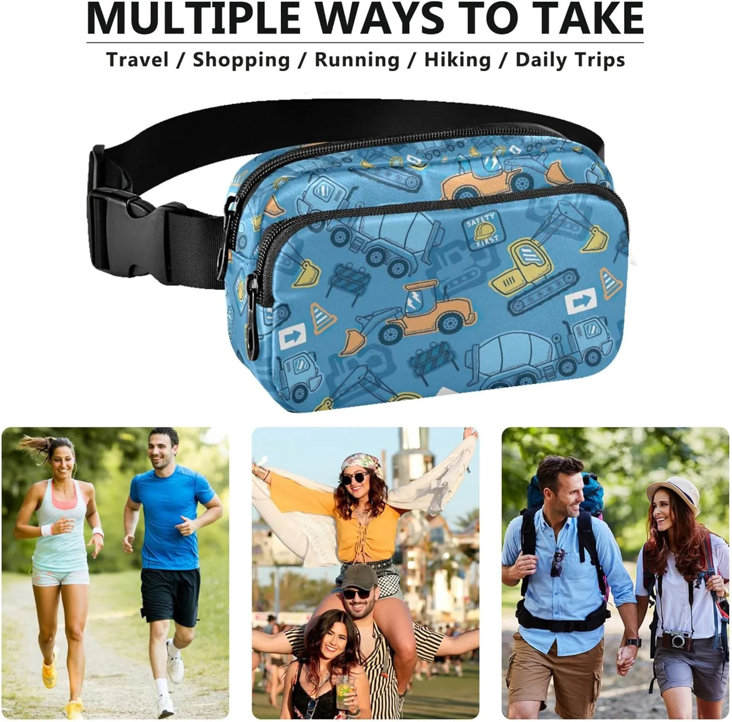 Construction Vehicles Cartoon Blue Fanny Pack for Women Pattern Hip Pack Belt Bag Waterproof Waist Pack for Women