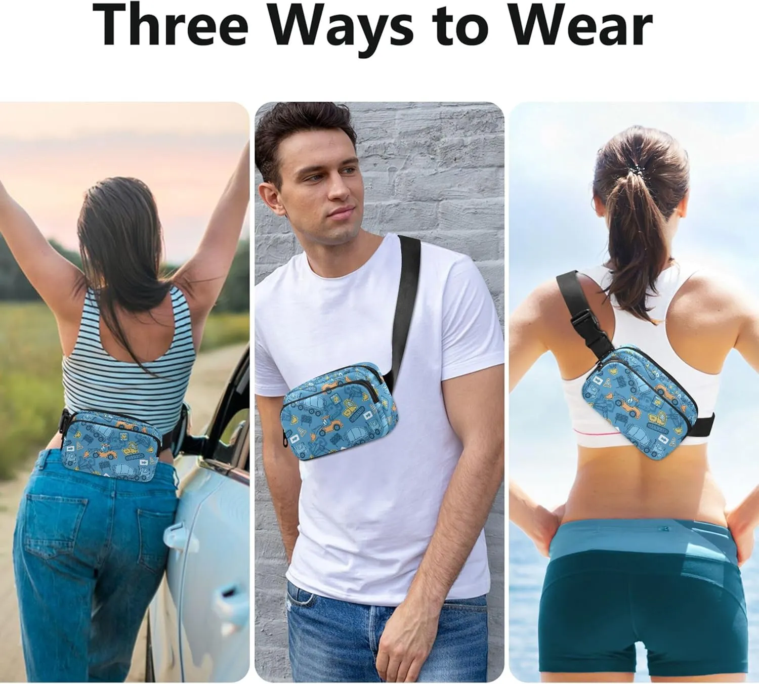 Construction Vehicles Cartoon Blue Fanny Pack for Women Pattern Hip Pack Belt Bag Waterproof Waist Pack for Women