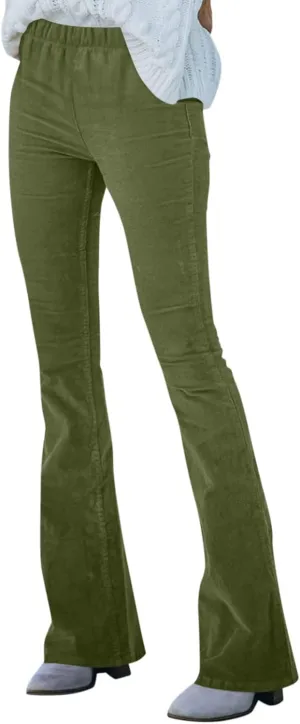 Corduroy Pants Women Casual Elastic High Waisted Flare Pants Bell Bottom Comfy Work Pants Cord Trousers Pants
