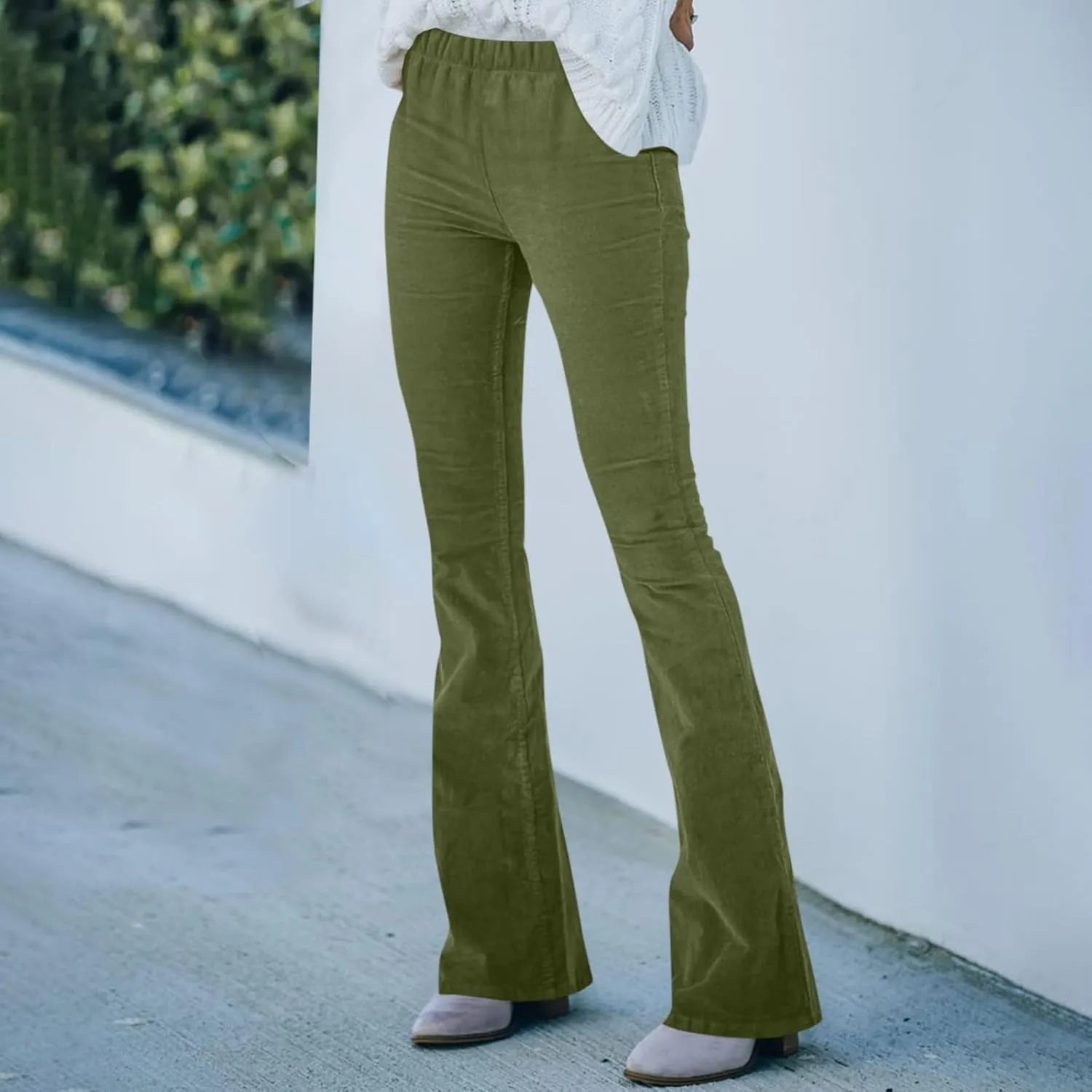Corduroy Pants Women Casual Elastic High Waisted Flare Pants Bell Bottom Comfy Work Pants Cord Trousers Pants