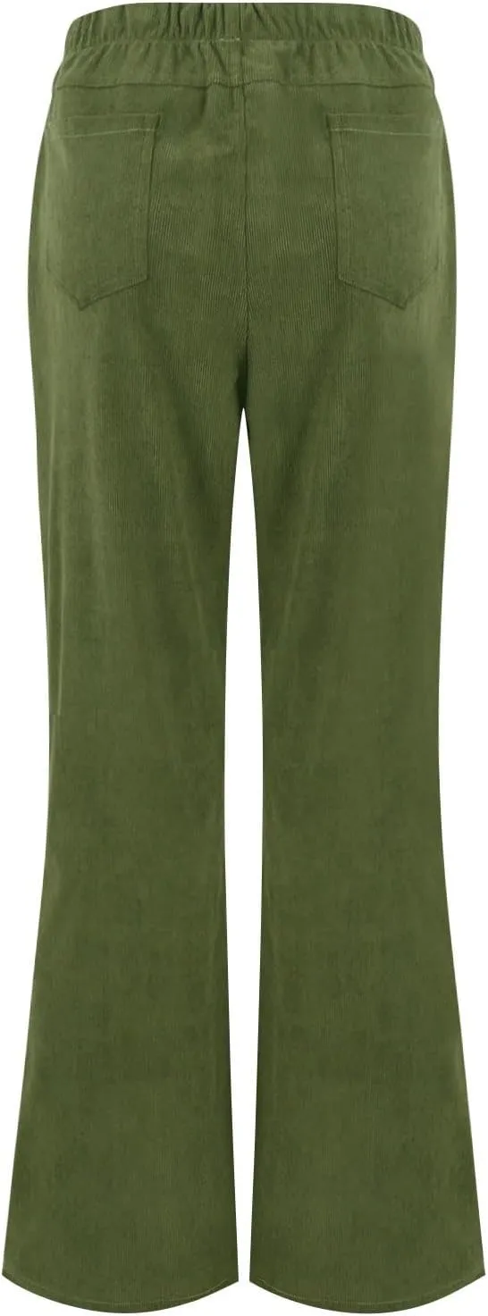 Corduroy Pants Women Casual Elastic High Waisted Flare Pants Bell Bottom Comfy Work Pants Cord Trousers Pants