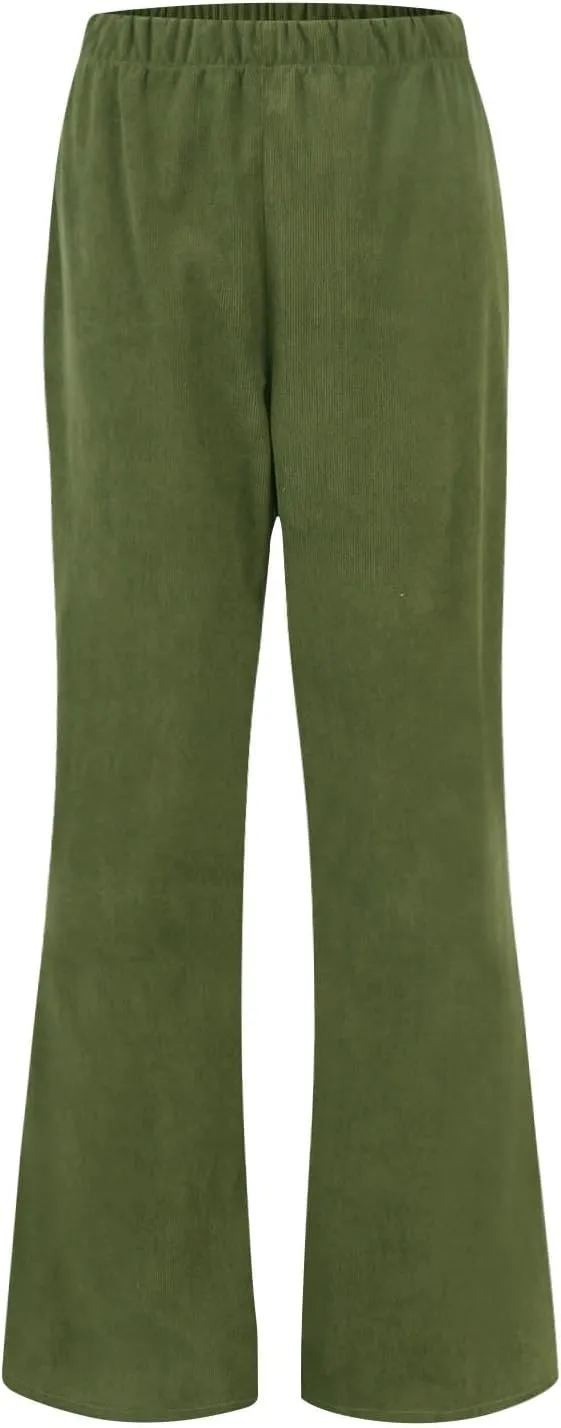 Corduroy Pants Women Casual Elastic High Waisted Flare Pants Bell Bottom Comfy Work Pants Cord Trousers Pants