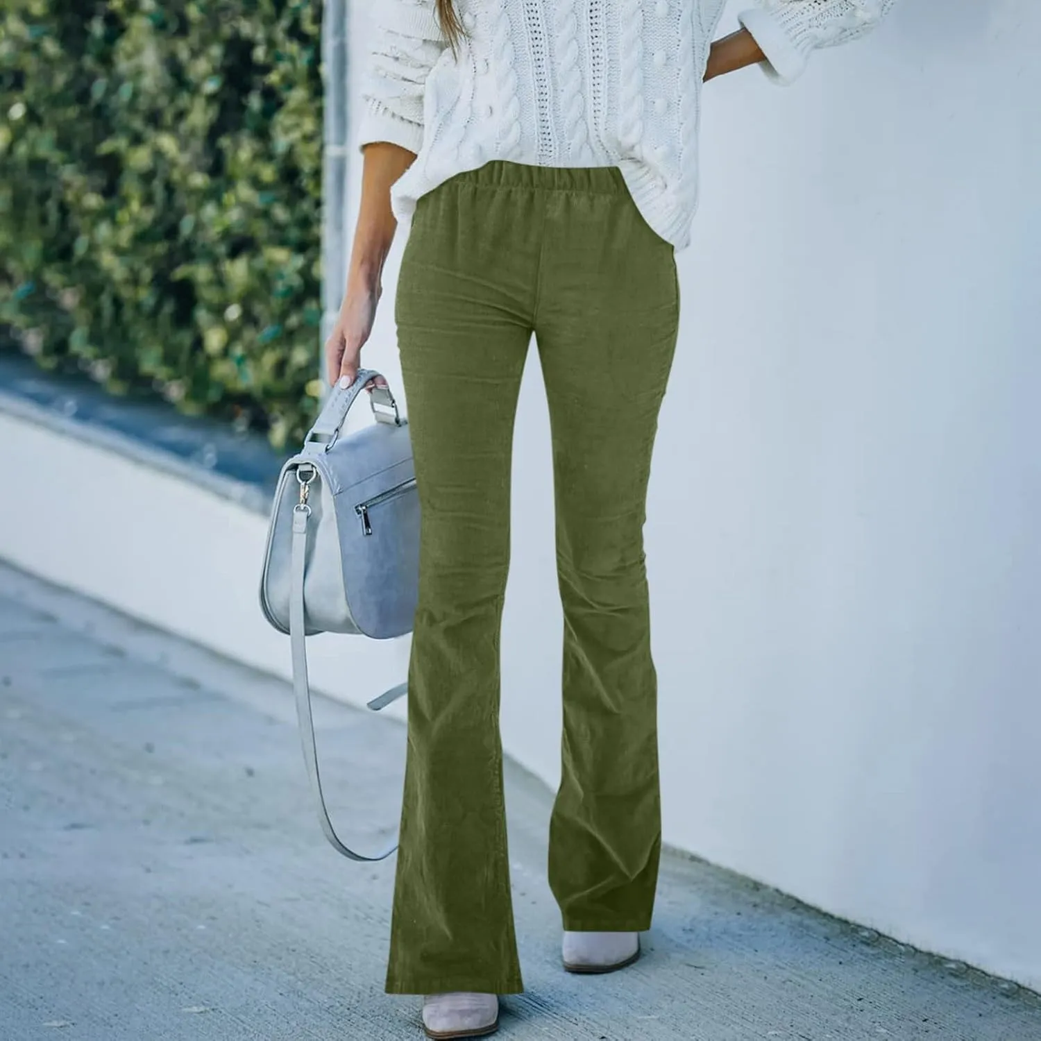 Corduroy Pants Women Casual Elastic High Waisted Flare Pants Bell Bottom Comfy Work Pants Cord Trousers Pants