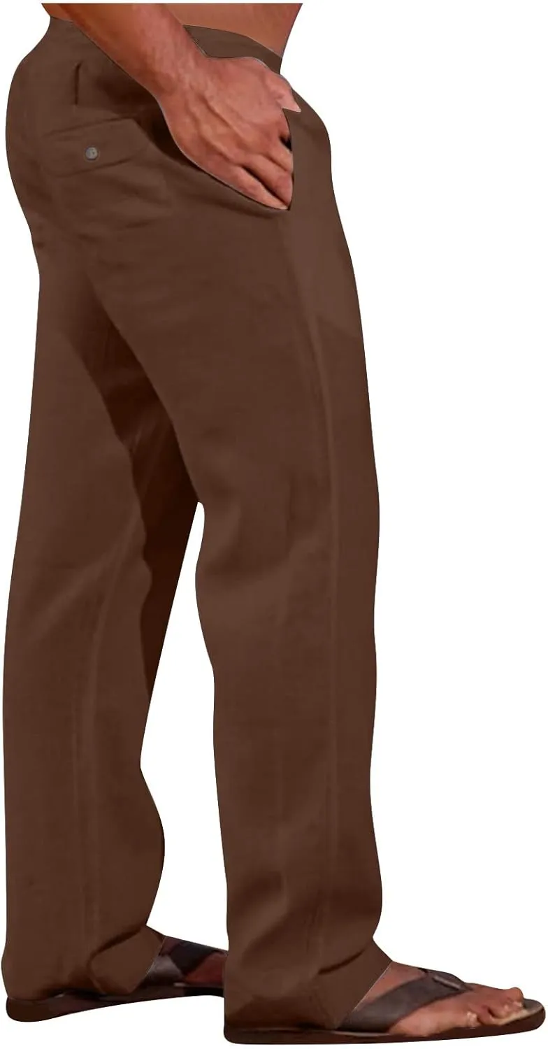 Cotton Linen Men's Drawstring Pants Relaxed Fit Elastic Waist Breathable Soft Straight Casual Lounge Travel Easy Care
