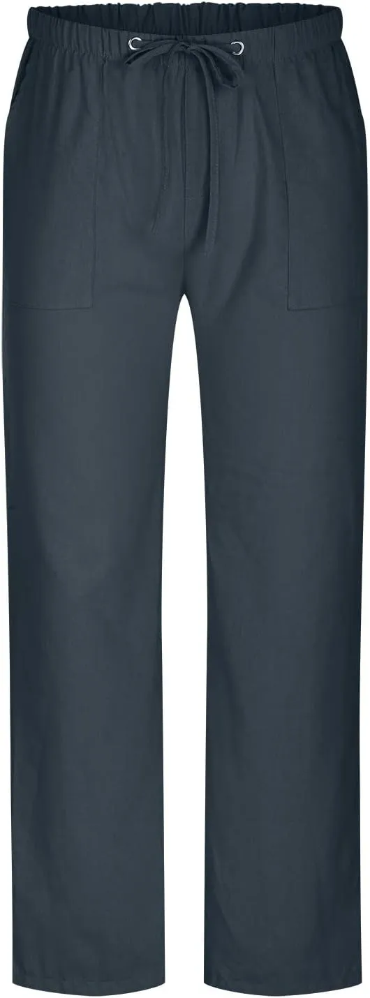 Cotton Linen Men's Drawstring Pants Relaxed Fit Elastic Waist Breathable Soft Straight Casual Lounge Travel Easy Care