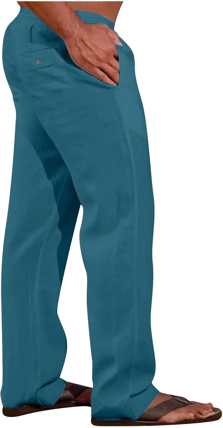 Cotton Linen Men's Drawstring Pants Relaxed Fit Elastic Waist Breathable Soft Straight Casual Lounge Travel Easy Care