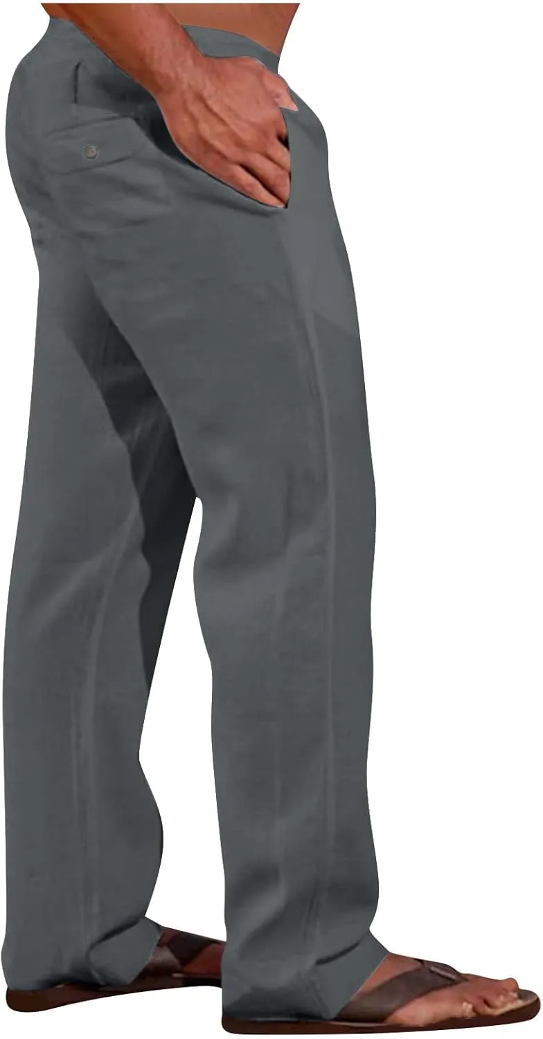 Cotton Linen Men's Drawstring Pants Relaxed Fit Elastic Waist Breathable Soft Straight Casual Lounge Travel Easy Care