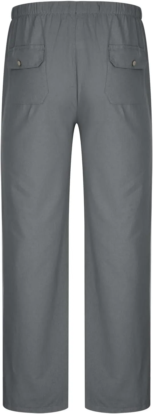 Cotton Linen Men's Drawstring Pants Relaxed Fit Elastic Waist Breathable Soft Straight Casual Lounge Travel Easy Care