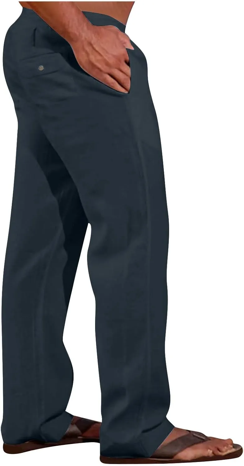 Cotton Linen Men's Drawstring Pants Relaxed Fit Elastic Waist Breathable Soft Straight Casual Lounge Travel Easy Care
