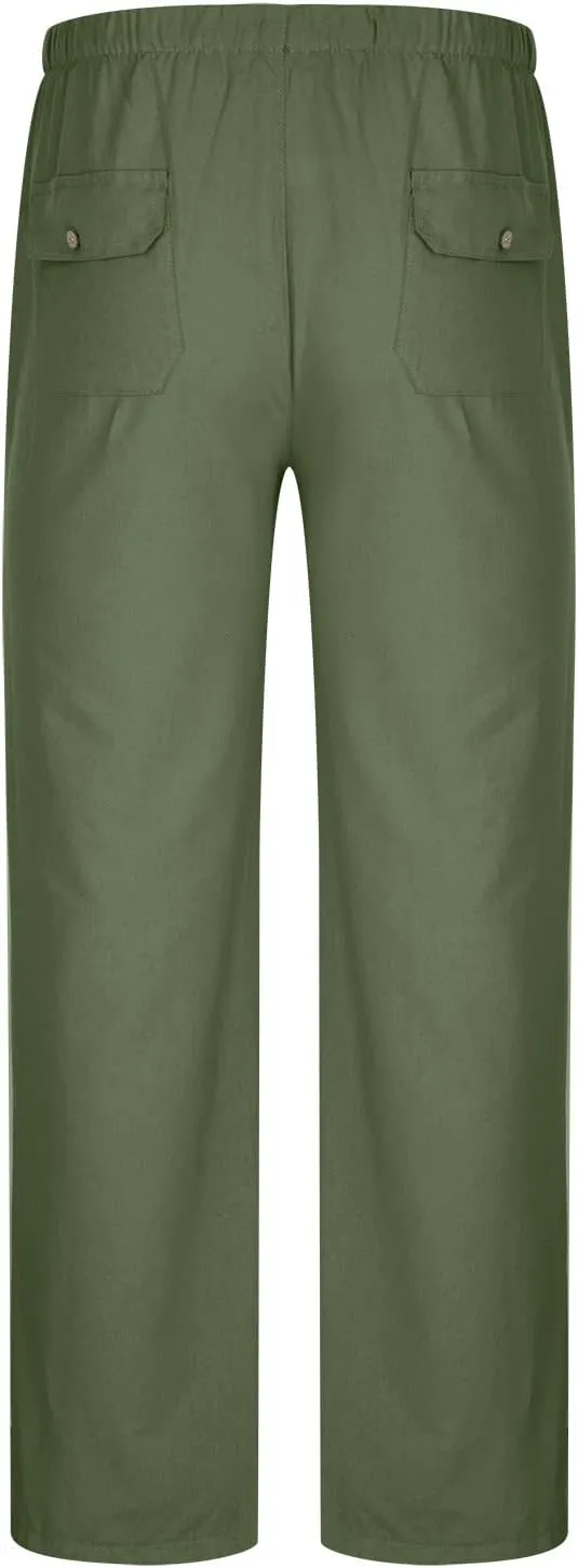 Cotton Linen Men's Drawstring Pants Relaxed Fit Elastic Waist Breathable Soft Straight Casual Lounge Travel Easy Care