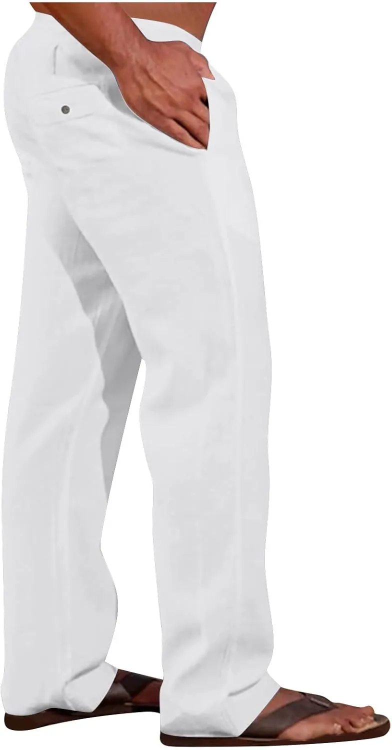 Cotton Linen Men's Drawstring Pants Relaxed Fit Elastic Waist Breathable Soft Straight Casual Lounge Travel Easy Care