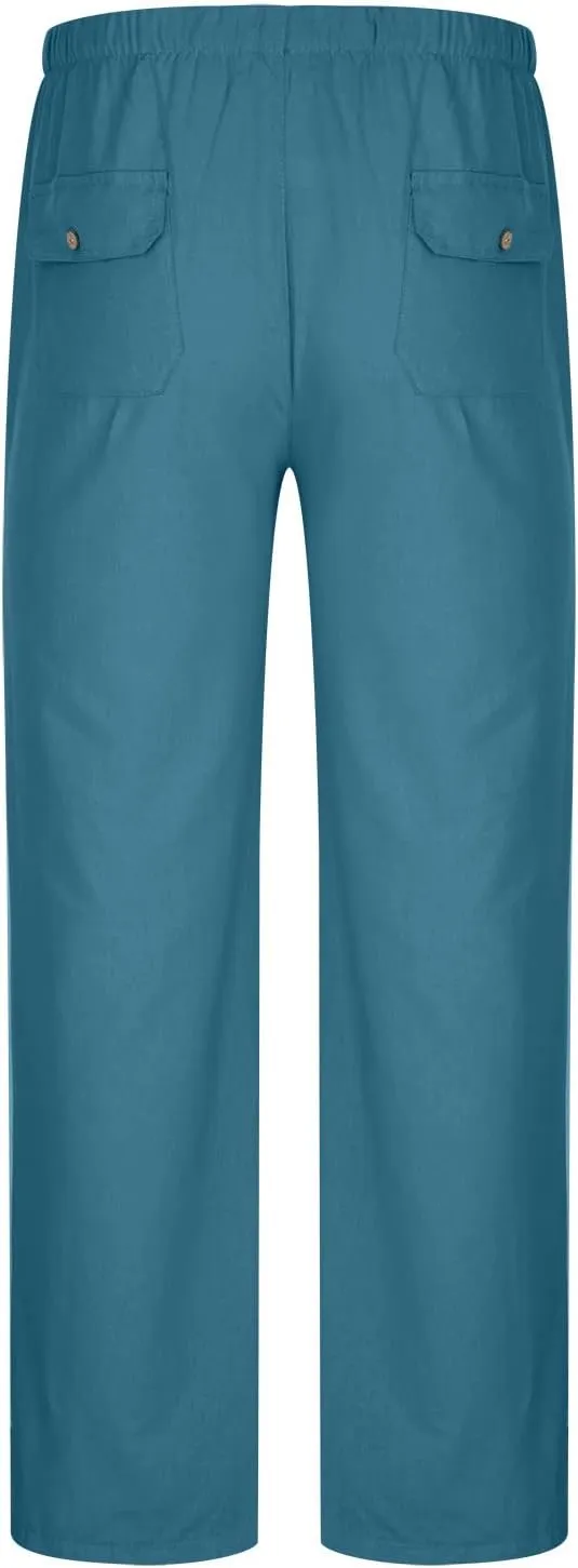 Cotton Linen Men's Drawstring Pants Relaxed Fit Elastic Waist Breathable Soft Straight Casual Lounge Travel Easy Care