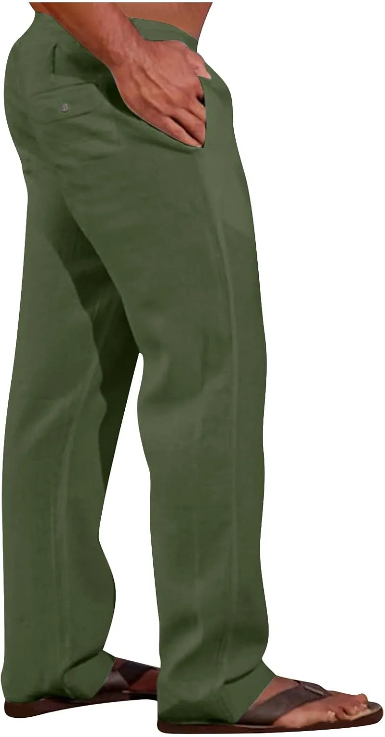 Cotton Linen Men's Drawstring Pants Relaxed Fit Elastic Waist Breathable Soft Straight Casual Lounge Travel Easy Care