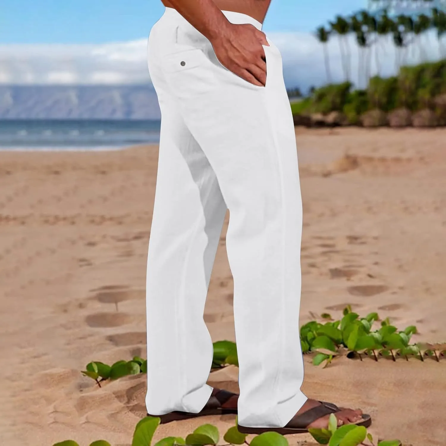 Cotton Linen Men's Drawstring Pants Relaxed Fit Elastic Waist Breathable Soft Straight Casual Lounge Travel Easy Care