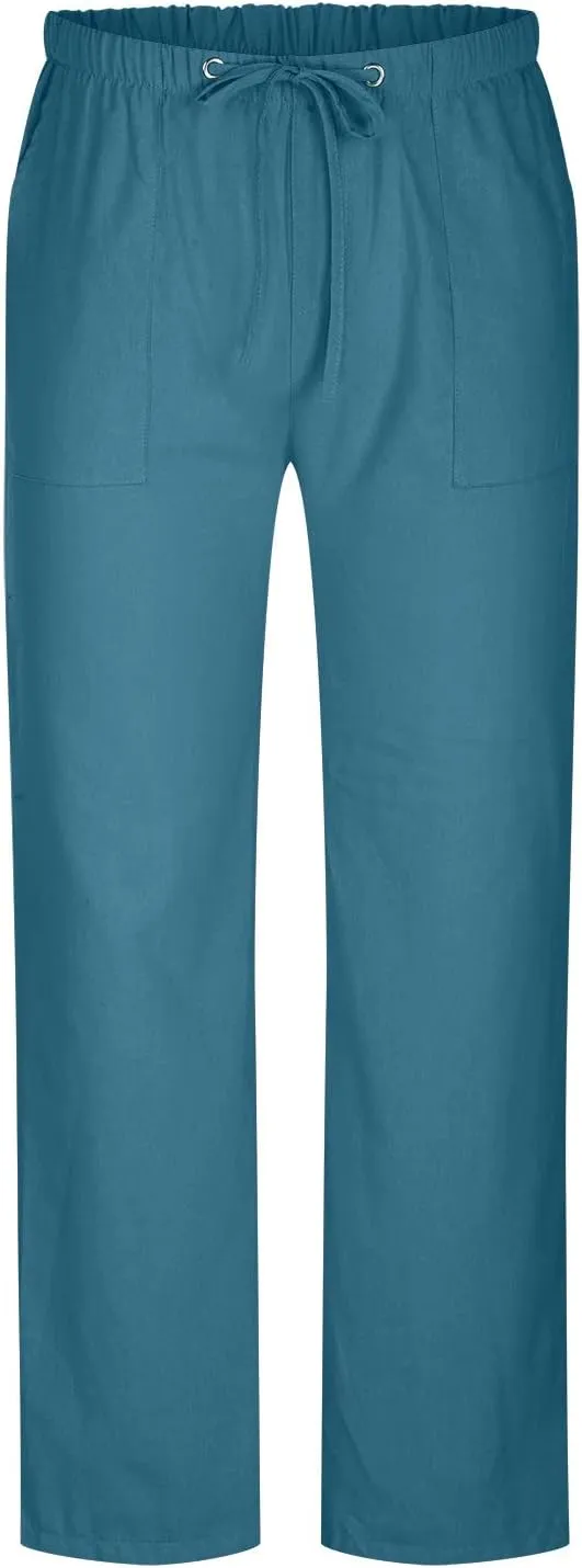 Cotton Linen Men's Drawstring Pants Relaxed Fit Elastic Waist Breathable Soft Straight Casual Lounge Travel Easy Care