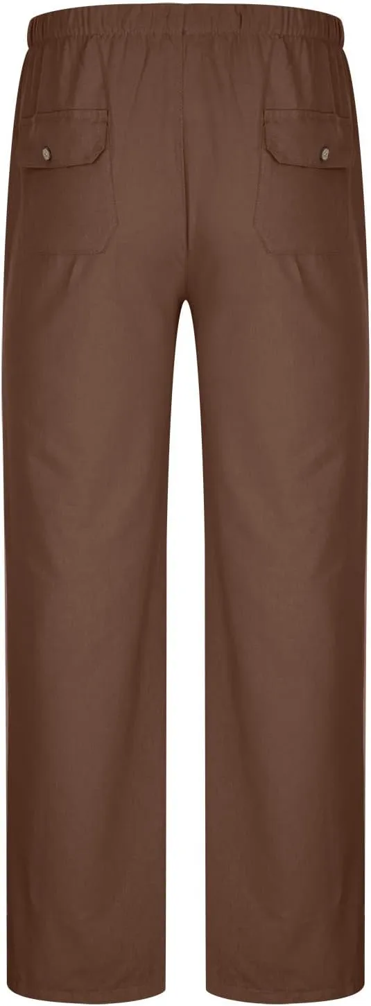 Cotton Linen Men's Drawstring Pants Relaxed Fit Elastic Waist Breathable Soft Straight Casual Lounge Travel Easy Care