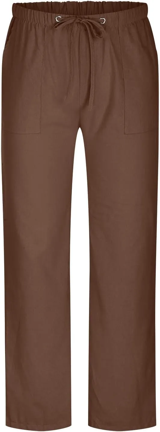 Cotton Linen Men's Drawstring Pants Relaxed Fit Elastic Waist Breathable Soft Straight Casual Lounge Travel Easy Care