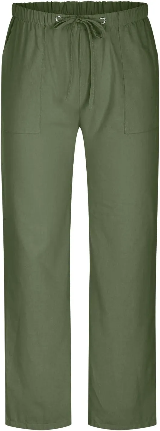 Cotton Linen Men's Drawstring Pants Relaxed Fit Elastic Waist Breathable Soft Straight Casual Lounge Travel Easy Care