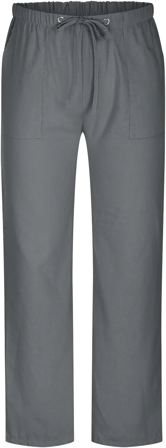 Cotton Linen Men's Drawstring Pants Relaxed Fit Elastic Waist Breathable Soft Straight Casual Lounge Travel Easy Care