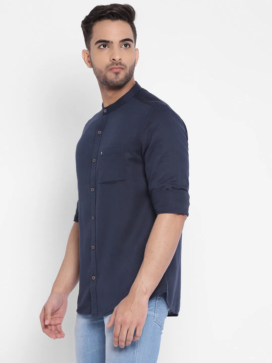 Cotton Linen Navy Blue Solid Slim Fit Casual Shirt
