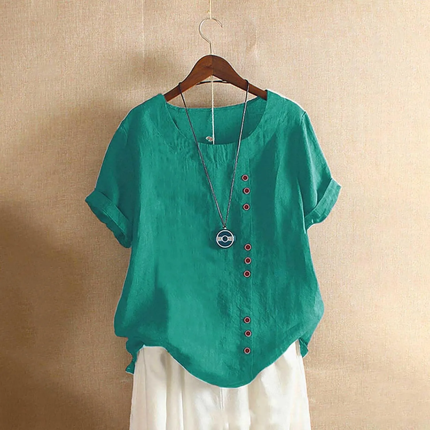 Cotton Linen Tops for Women 2025 Summer Dressy Casual Plus Size Shirt Trendy Short Sleeve Crewneck Tunic Blouses