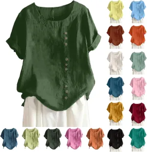Cotton Linen Tops for Women 2025 Summer Dressy Casual Plus Size Shirt Trendy Short Sleeve Crewneck Tunic Blouses