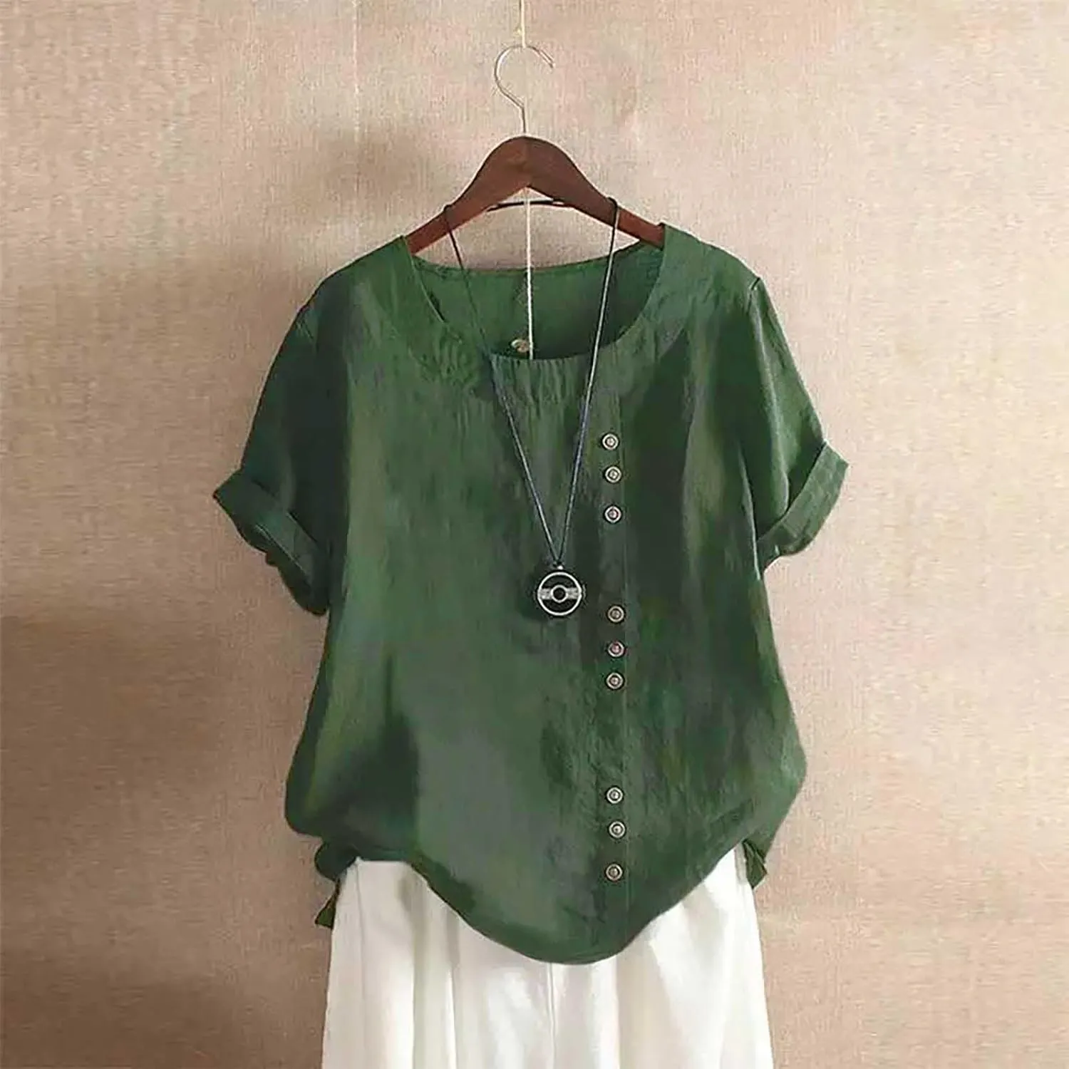 Cotton Linen Tops for Women 2025 Summer Dressy Casual Plus Size Shirt Trendy Short Sleeve Crewneck Tunic Blouses