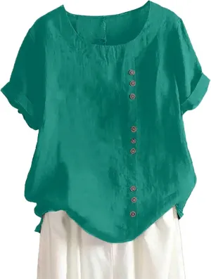 Cotton Linen Tops for Women 2025 Summer Dressy Casual Plus Size Shirt Trendy Short Sleeve Crewneck Tunic Blouses