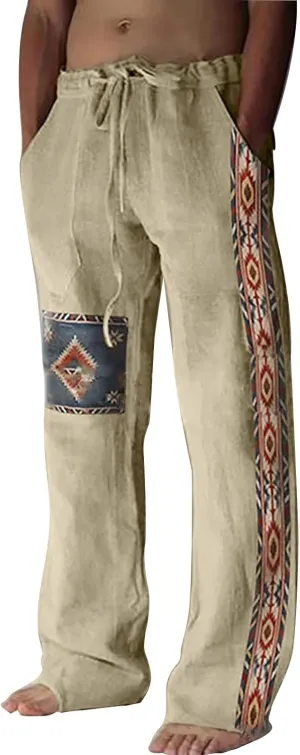 Cotton Linen Tribal Print Linen Pants Men Drawstring Waist Loose Boho Breathable Casual Trousers Side Pockets