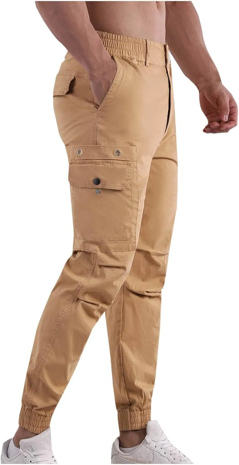Cotton Men's Tapered Jogger Pants Cargo Workout Trousers Slim Fit Running Outdoor Sweatpants with Zipper Pockets