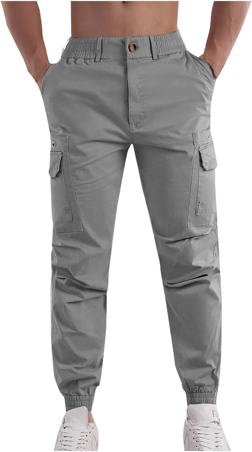 Cotton Men's Tapered Jogger Pants Cargo Workout Trousers Slim Fit Running Outdoor Sweatpants with Zipper Pockets
