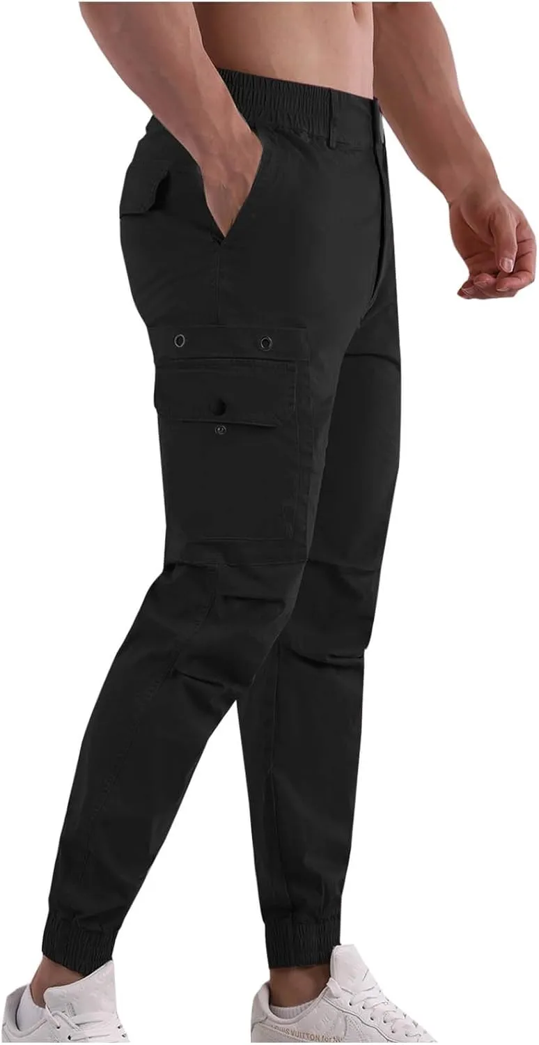 Cotton Men's Tapered Jogger Pants Cargo Workout Trousers Slim Fit Running Outdoor Sweatpants with Zipper Pockets