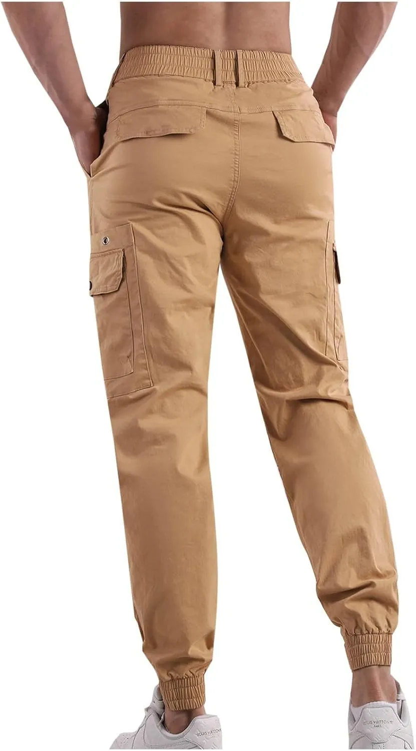 Cotton Men's Tapered Jogger Pants Cargo Workout Trousers Slim Fit Running Outdoor Sweatpants with Zipper Pockets