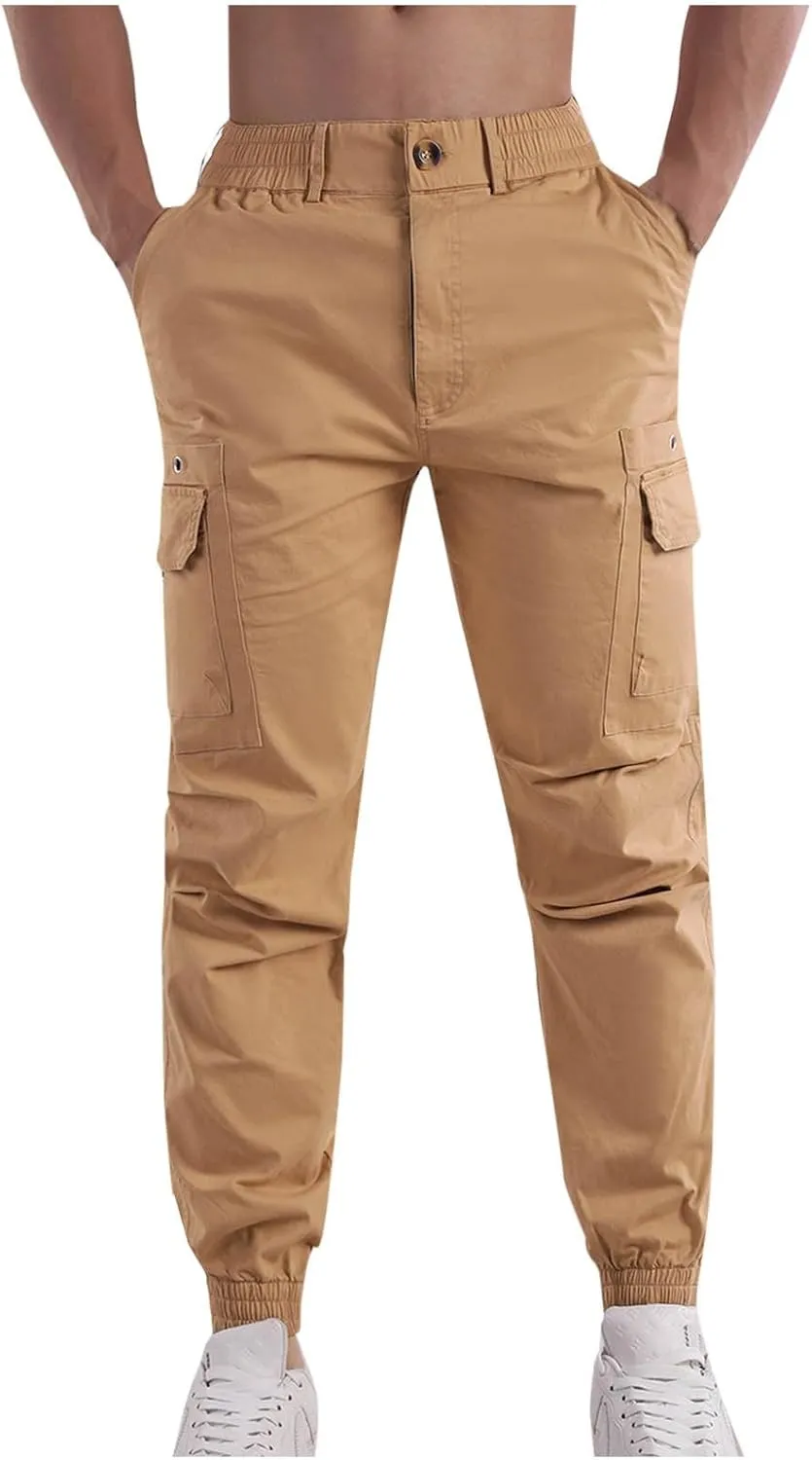 Cotton Men's Tapered Jogger Pants Cargo Workout Trousers Slim Fit Running Outdoor Sweatpants with Zipper Pockets