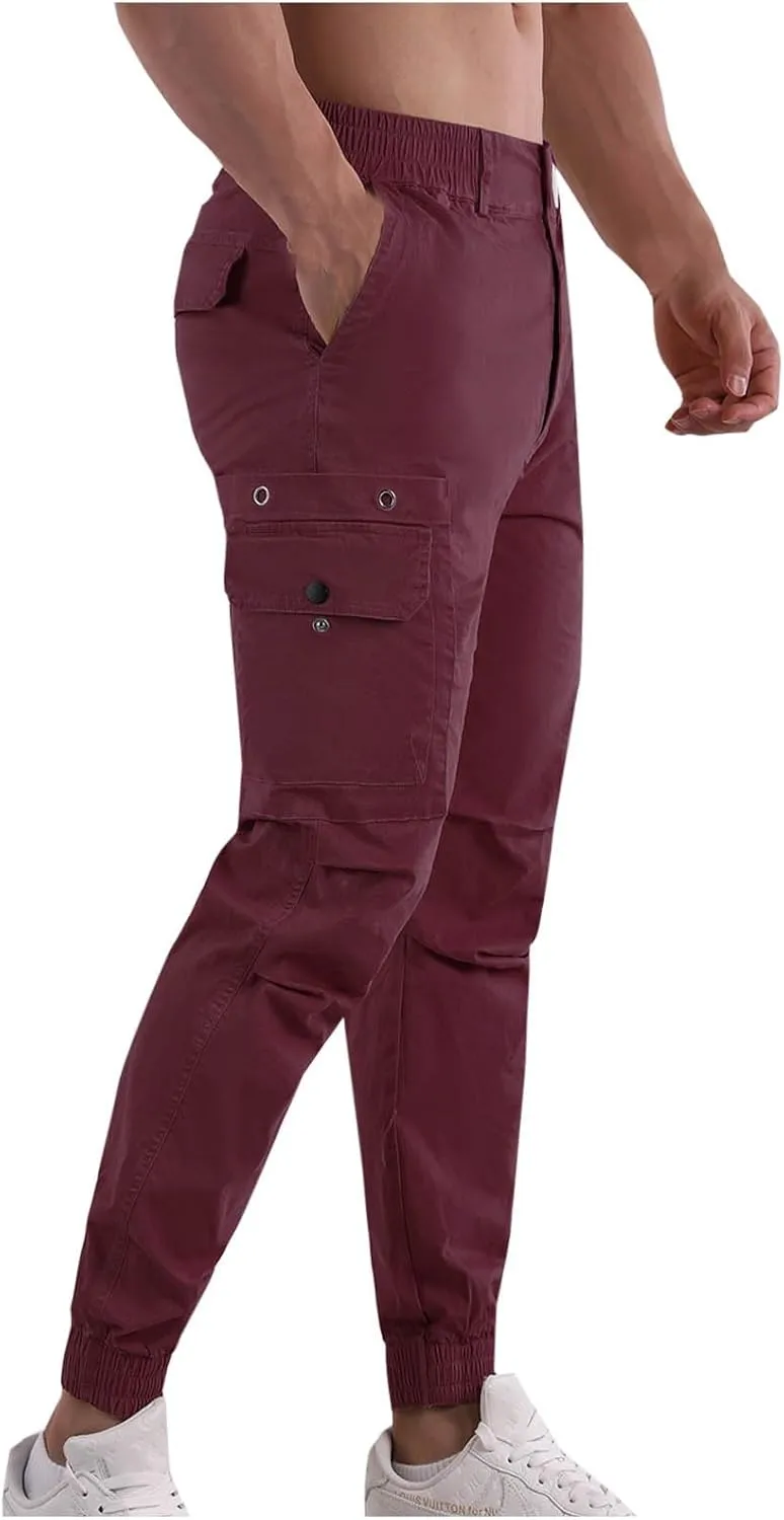 Cotton Men's Tapered Jogger Pants Cargo Workout Trousers Slim Fit Running Outdoor Sweatpants with Zipper Pockets