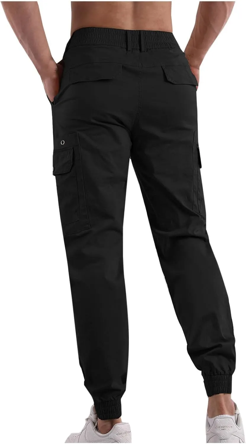 Cotton Men's Tapered Jogger Pants Cargo Workout Trousers Slim Fit Running Outdoor Sweatpants with Zipper Pockets