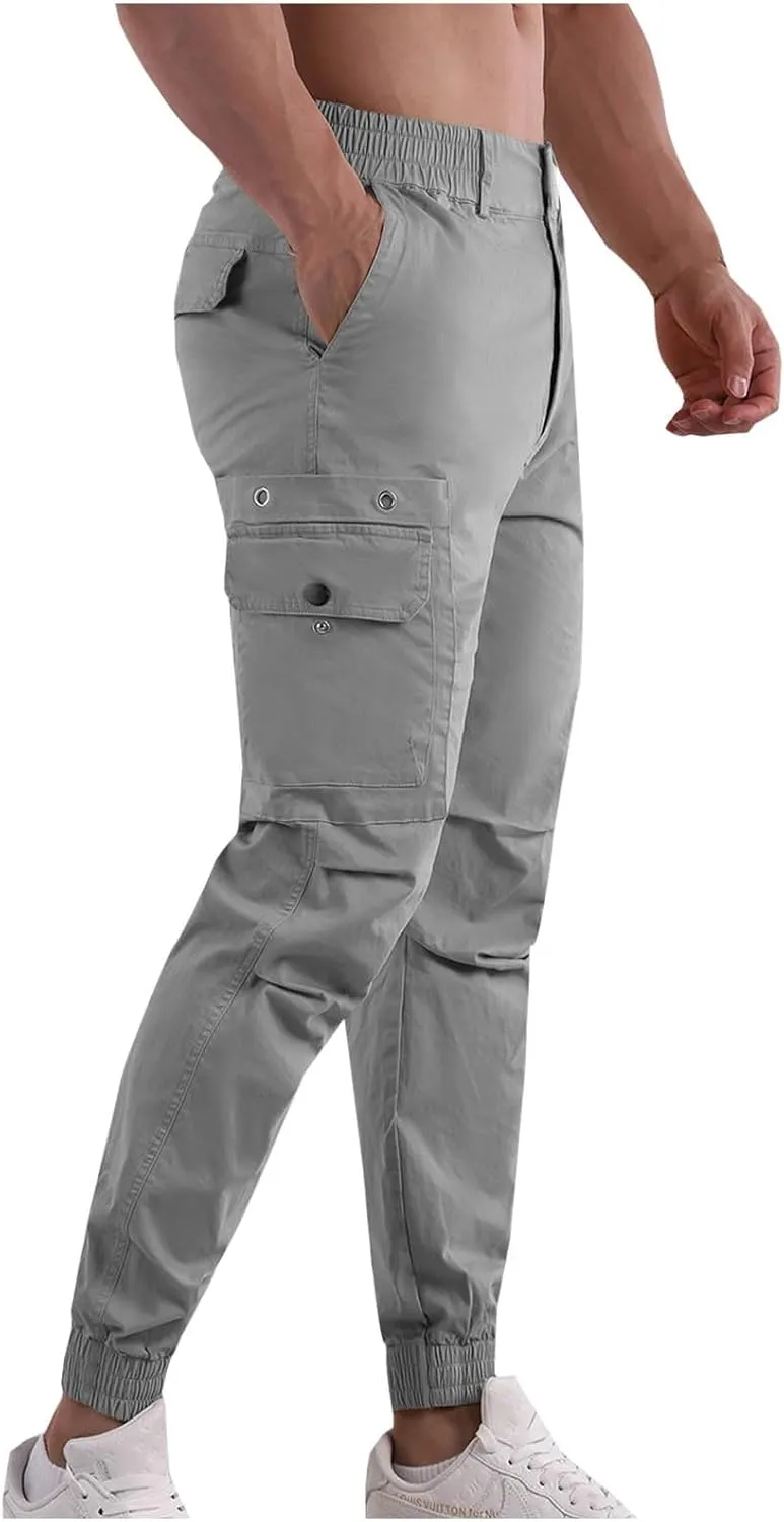 Cotton Men's Tapered Jogger Pants Cargo Workout Trousers Slim Fit Running Outdoor Sweatpants with Zipper Pockets