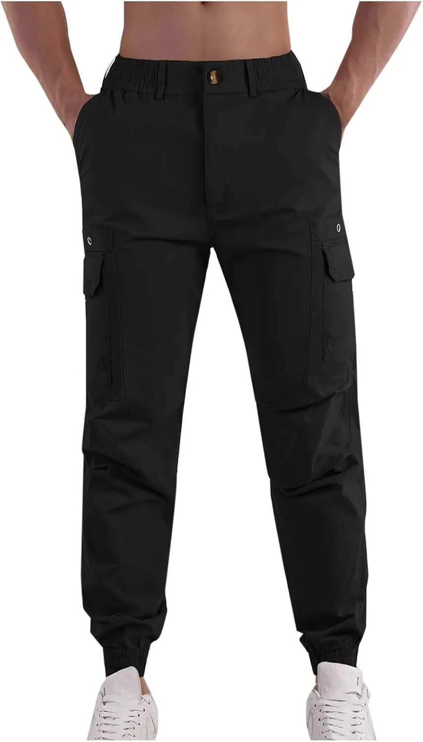 Cotton Men's Tapered Jogger Pants Cargo Workout Trousers Slim Fit Running Outdoor Sweatpants with Zipper Pockets