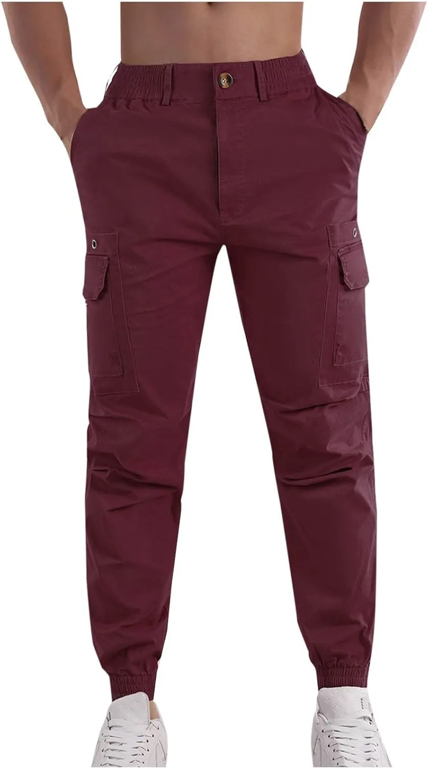 Cotton Men's Tapered Jogger Pants Cargo Workout Trousers Slim Fit Running Outdoor Sweatpants with Zipper Pockets