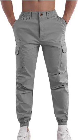 Cotton Men's Tapered Jogger Pants Cargo Workout Trousers Slim Fit Running Outdoor Sweatpants with Zipper Pockets